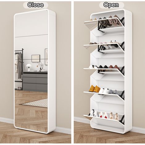 MEUBLIV Armoire à chaussures miroir blanche 63x19,6x176,2 cm - 5 abattants, 15 paires (1/5)