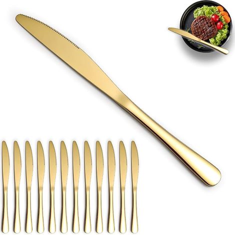 Ensemble de 12 couteaux de table en or, couteau à beurre en acier inoxydable et titane plaqué or, couteaux de table pour la maison, le restaurant, l’hôtel, le mariage, les événements (1/5)