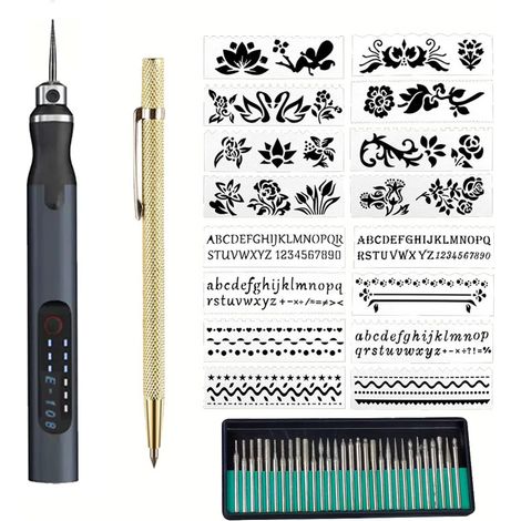 Stylo graveur électrique, 3 vitesses réglables, outil de gravure sans fil rechargeable, ensemble de 48 pièces (noir) (1/5)