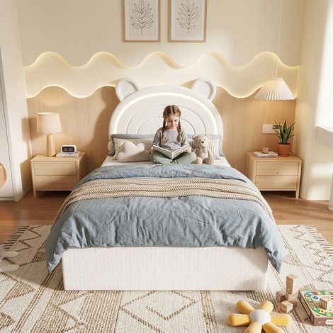 Pour chambre d'enfant, confort et rangement : lit capitonné 90x200 velours beige, tête de lit ours LED et 4 tiroirs (1/5)