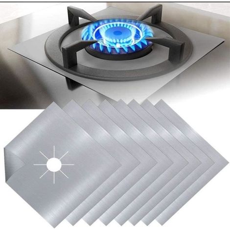 Protection plaque cuisson gaz,Plaque de cuisson à gaz universel Protection d'écran en Téflon,réutilisables,8pcs,Argent,27X27cm (1/4)