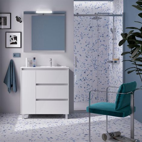 Ensemble complet Noja 850 3 tiroirs et 1 porte gauche BLANC BRILLANT + lavabo + miroir + lampe (1/3)