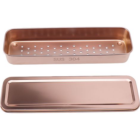 Plateau à couverts en acier inoxydable, couleur or rose, avec couvercle et fonction d'égouttage, pour baguettes, cuillères et fourchettes. (1/5)