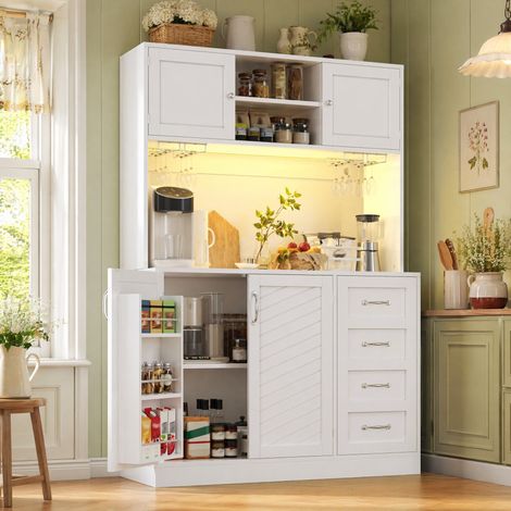 Buffet haut 120x40x188 cm en MDF blanc avec LED, rangement cuisine, gain de place – MEUBLIV (1/5)