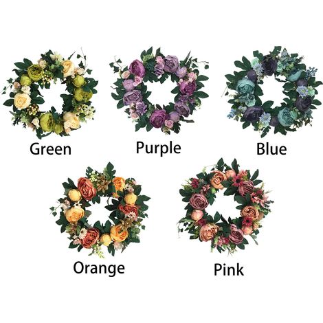 Couronne de pivoines en soie de style européen et américain, décoration de porte d'entrée, suspension murale de fleurs artificielles - couronne rétro bleue de 42 cm en tissu de soie et rotin (1/5)