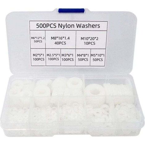 Kit assortimento di 500 rondelle piatte in nylon, XU, rondelle piatte isolate, guarnizioni rotonde, guarnizioni di tenuta, tubi - M2/M2.5/M3/M4/M5/M6/M8/M10 (bianco)-Crezuo