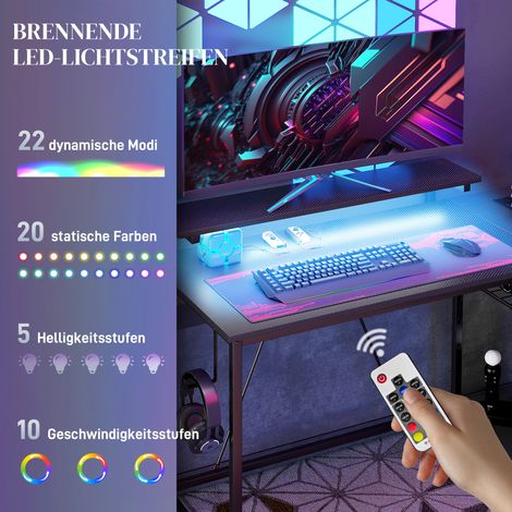 Bureau en L avec éclairage LED, prises électriques, ports USB, bureau d'ordinateur réversible avec étagère, 107 x 80 x 90 cm, Noir (1/5)