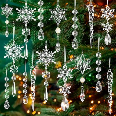 Schneeflocken-Weihnachtsschmuck (18-teilig) - Weihnachtsbaumschmuck - Feen-Winterschneeflocken-Ornament - Set aus transparenten Schneeflocken (inkl. 18 Bändern)