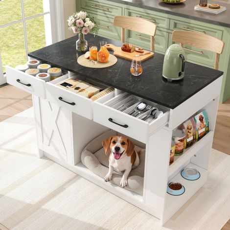 Îlot cuisine blanc – 3 tiroirs – Étagère épices – Double plateau – 120x60x90cm – Rangement (1/5)