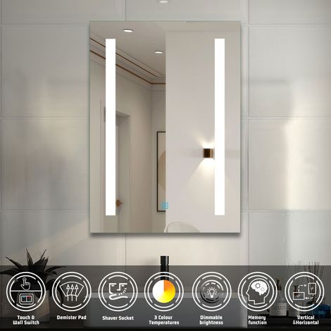 600800MM Rectangle LED Mirror with Shaver Socket, Dimmable 3 LED Colors, Anti-fog, Memory Function, Touch and wall switch (1/5)