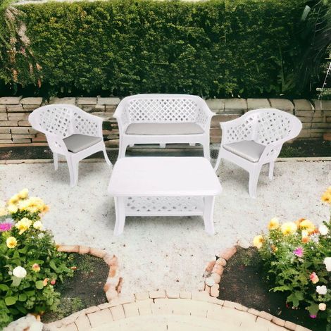 Dmora Set salotto da esterno Brescia, Set da giardino con 2 poltrone, 1 panchina ed 1 tavolino, Salottino indoor ed outdoor, 100% Made in Italy, Bianco, con imballo rinforzato (1/3)