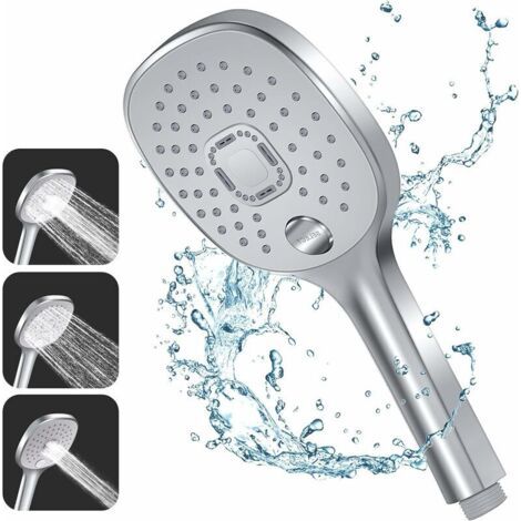 Pommeau Douche, 3 Types de Jets avec Poignée Durable et Buse en Silicone Respectueuse de l'environnement, Grand Pommeau de Douche Argenté (Pommeau de Douche sans Tuyau) (1/5)
