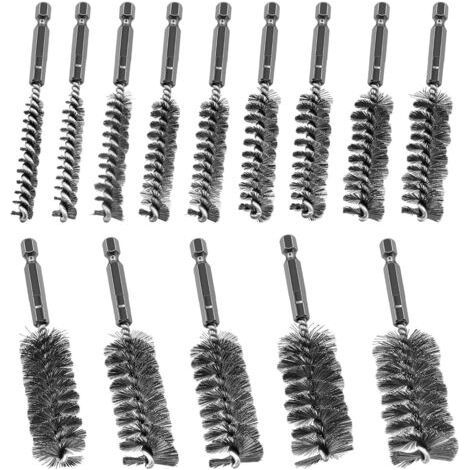 14Pcs Brosses métalliques pour perceuse, 8-25 mm brosse cylindrique en acier inoxydable, avec tige hexagonale, brosse de chaudière pour ponceuse à percussion (1/4)