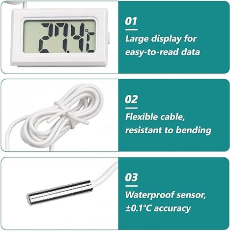 Waterproof External Digital Thermometer Probe, Reptile Thermometer Aquarium Mini Digital LCD Thermometers with 1 m Cable for Fridge Freezer Greenhouse Wine Cellar and Temperature Measurement (1/4)