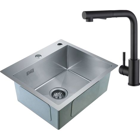 CECIPA Lavelli da cucina 2 in 1 in acciaio inox 50 x 45 x 18,5 cm, senza distributore di sapone + rubinetto da cucina estraibile in acciaio inox nero