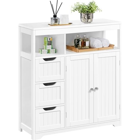 Meuble Armoire Salle de Bain Rangement, avec 3 Tiroirs, Placard avec 2 Portes et Compartiments, Plateau Réglable en Hauteur, Entrée Salon Chambre Cuisine 80,5 × 30 × 86,5 cm, Blanc (1/5)