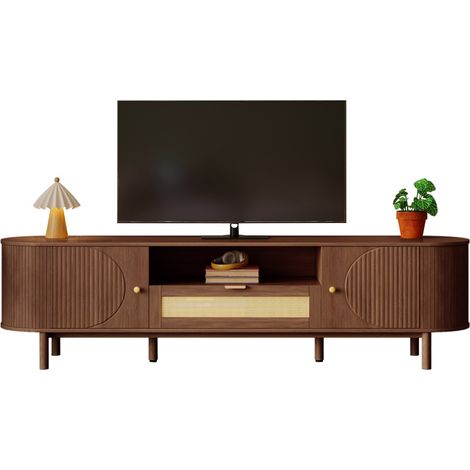 Meuble TV moderne avec tiroirs rotin compartiments ouverts plateau arrondi pieds métal aspect bois 175x36x51cm (1/5)