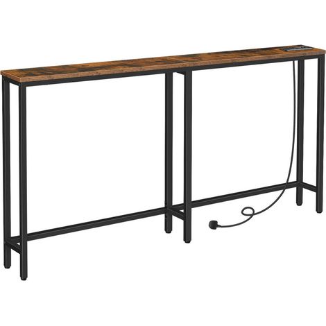 Narrow Console Table with Built-in Charging Station, 160cm Long Behind-Sofa Table, Slim Industrial Hallway Table for Entryway, Living Room & Home Office