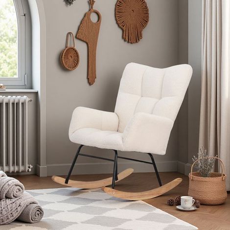 Skandinavischer Schaukelstuhl 1 Platz - Beige Teddyvelours, Massivholzfüße & Metallrahmen