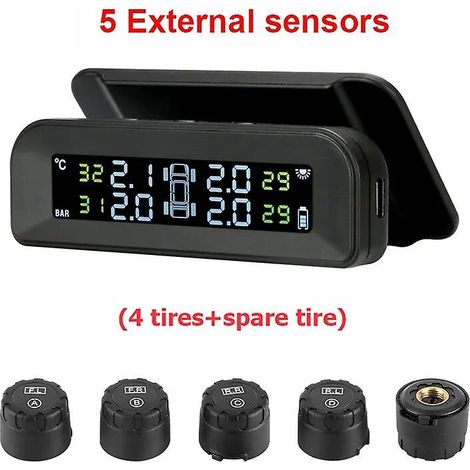 Système de surveillance de la pression des pneus Jansite TPMS avec affichage en temps réel, fixé au pare-brise, alimentation solaire sans fil et 4 capteurs (5 capteurs externes). (1/5)