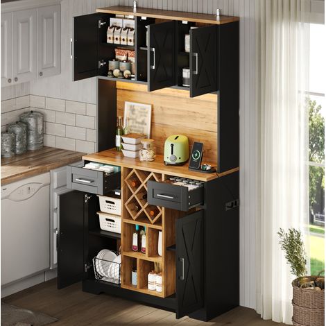 Aparador de cocina LED de 105x40x180 cm con puertos USB, botellero extraíble y cajones, MDF natural - negro (1/5)