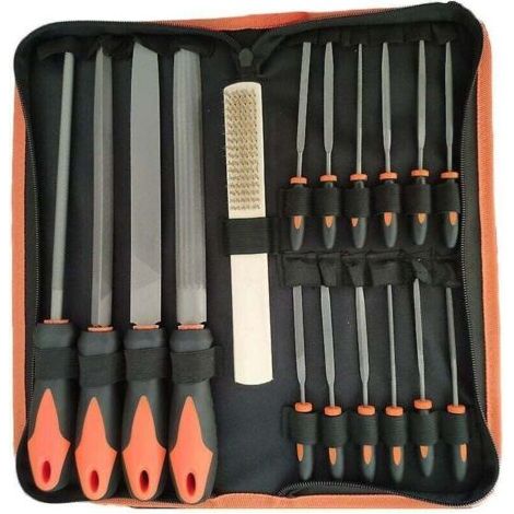 Un ensemble de 17 limes combinées en métal, des limes rondes en acier et un kit d'outils d'affûtage. (1/3)