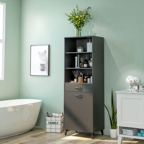 Buffet haut design industriel en panneaux de qualité, gris et aspect chêne clair, spacieux et fonctionnel pour salon & salle à manger
