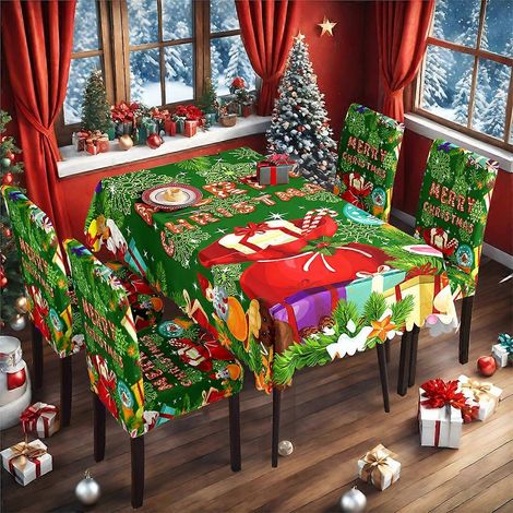 Ensemble de nappe et housse de chaise de Noël en soie de lait imperméable, imprimé, référence TC-87 (140 x 210 cm).