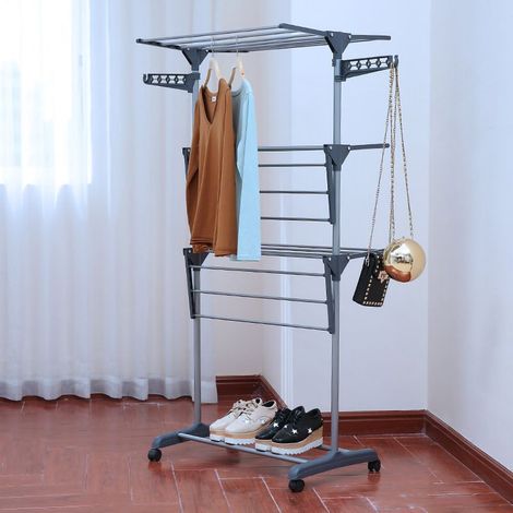 Étendoir à linge à 3 niveaux, multifonction, Rail pliant, cintre pour sèche-linge, pour intérieur et extérieur, gris