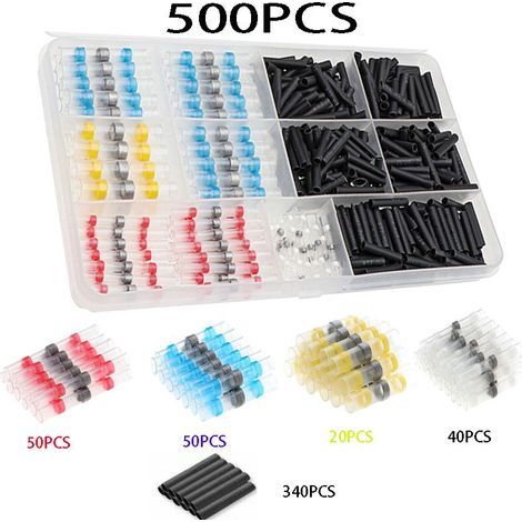 Kit de 500 cosses de fils électriques isolées et étanches, connecteurs bout à bout thermorétractables pour automobile et marine (1/4)