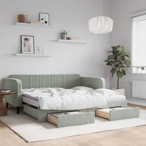 Tagesbett Ausziehbar mit Schubladen Hellgrau 90x190 cm Samt (1/5)