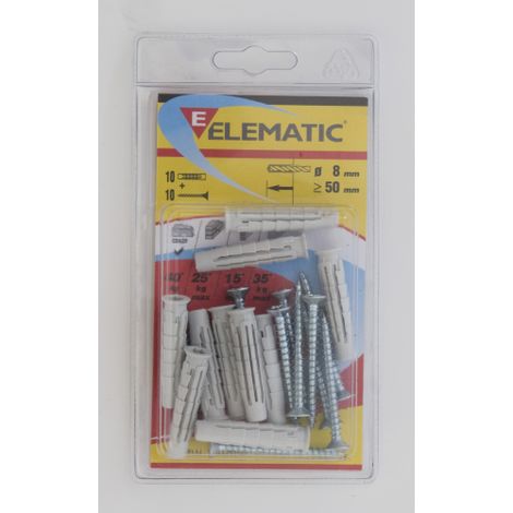 cf 10 pcs Ancrages nylon Elematic T6 / VA Bouchon 8x40 mm complet avec vis