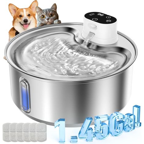Fontaine pour Chat en Acier Inoxydable, 5,5 L, sans Fil, 5000mAh, 6 Filtre Batterie 5000 mAh avec détecteur de mouvement, pompe à eau silencieuse, pour Chats et Petits Chiens, Blanc (1/5)