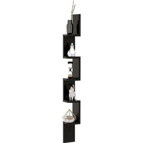 Étagère murale d’angle au design zigzag à cinq niveaux de rangement, hauteur totale 120 cm, fabrication en bois teinté noir (1/4)
