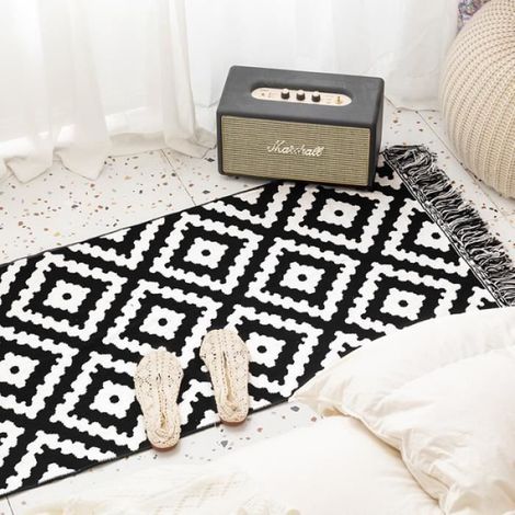 Tapis De Couloir - 60x90 Cm - Poils 20 Mm - 100% Coton - Style Moderne - Noir Et Blanc (1/4)
