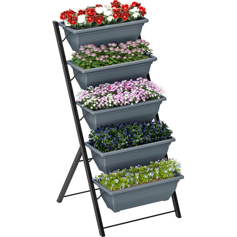 Hochregal-Pflanzkasten mit 5 Blumenkästen, stahlgrau, integriertem Abfluss für den vertikalen Balkongarten.