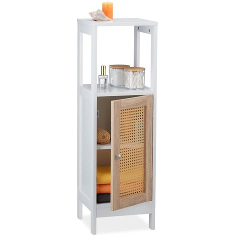 Étagère de Salle de Bains, 3 Compartiments, HLP 96,5 x 30 x 30 cm, Petite, MDF, Effet rotin, Blanc/Naturel (1/5)