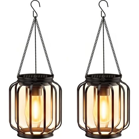 Garden Solar Lights for Outdoor Hanging, Pack of 2 Solar Lanterns for Outdoor Use with Large LED Bulb, IP65 Waterproof Metal Solar Lights for Outdoor, Patio, Lawn, Balcony, Yard, Garden (1/5)