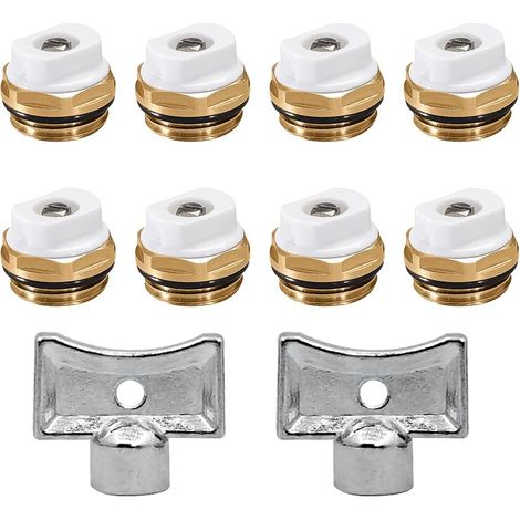 Lot de 8 valves de purge de radiateur en laiton 1/2" avec 2 clés de purge - Valve de chauffage manuelle - Buse d'échappement (1/5)