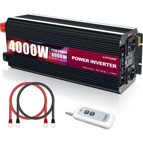 Convertisseur 24V 220V 4000W/8000W Onduleur Transformateur avec télécommande sans Fil, 2 Prises EU, Deux Ventilateurs intégrés, 1 USB et écran LCD (1/5)
