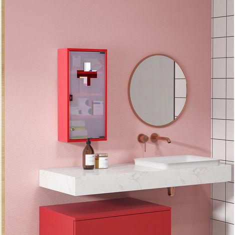Armadietto medicinali in acciaio rosso con serratura e porta in vetro satinato 30 x 12 x 60 cm (1/5)