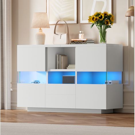 Aparador de doble nivel con cajones, nichos y vitrina de vidrio, blanco, 140x35x75 cm (1/5)