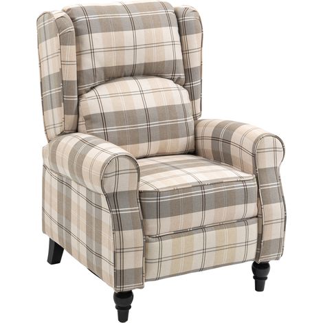 Wingback Recliner Armchair for Living Room, Pushback Reclining Chair with Round Armrests, Footrest Rubber Wood Legs, Khaki (1/5)