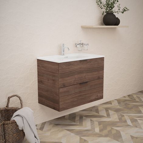 Inda - Meuble de salle de bain L.80 avec vasque brillante / Chêne (1/5)