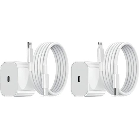 Lot de 2 chargeurs portables - Compatible avec iPhone - Chargeur rapide - Adaptateur + câble 20 W Blanc (1/5)