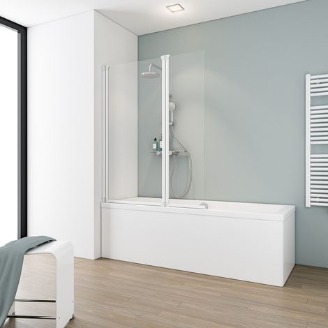 Pare-baignoire pliant 100 x 130 cm, paroi de baignoire 2 volets Schulte, écran de baignoire pivotant Komfort, verre transparent, profilé blanc