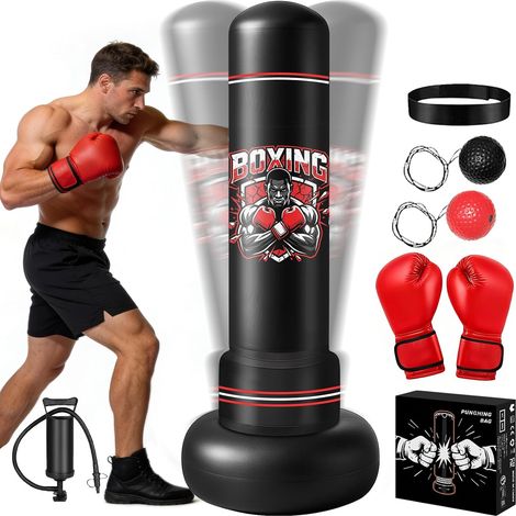Sac de Frappe Adulte 190cm Sac de Boxe Autoportant avec Gants de Boxe, Pompe et Balle de Réflexe,Hommes,Femme (1/5)