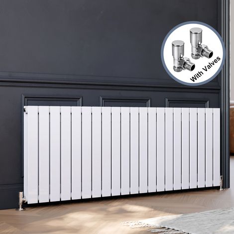 ELEGANT Modern Horizontal Flat Panel Radiator and Angled Radiator Valves 600x1596mm White Double (1/5)