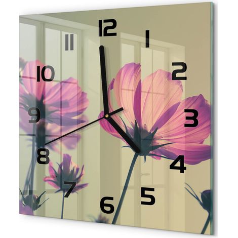 Horloge Murale Carrée Verre Trempé Silencieuse Décorative Salon Chambre Fleurs roses 30x30 cm