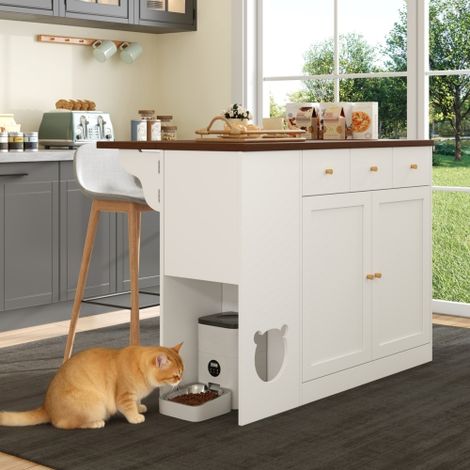 Îlot central de cuisine avec plateau coulissant, 3 tiroirs, 2 portes, blanc et noyer